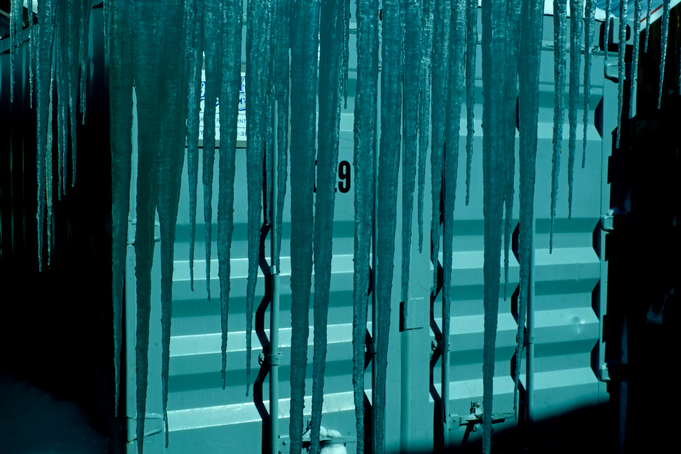 Icicles covering a storage container at the Middlebury College Snow Bowl